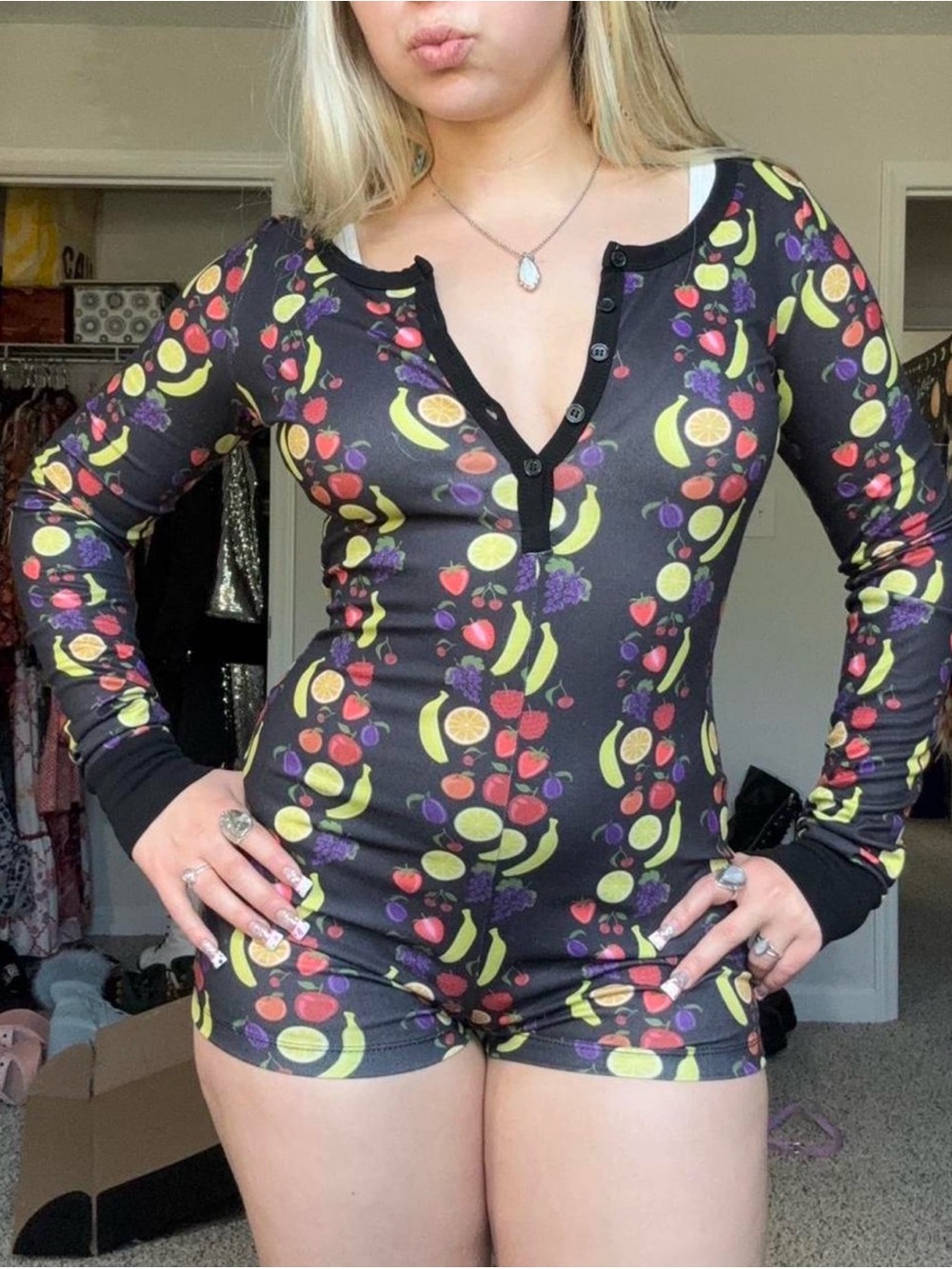 Adorable Dolls Kill x Willy Wonka Black Fruit-Print Long-Sleeve Romper Size S